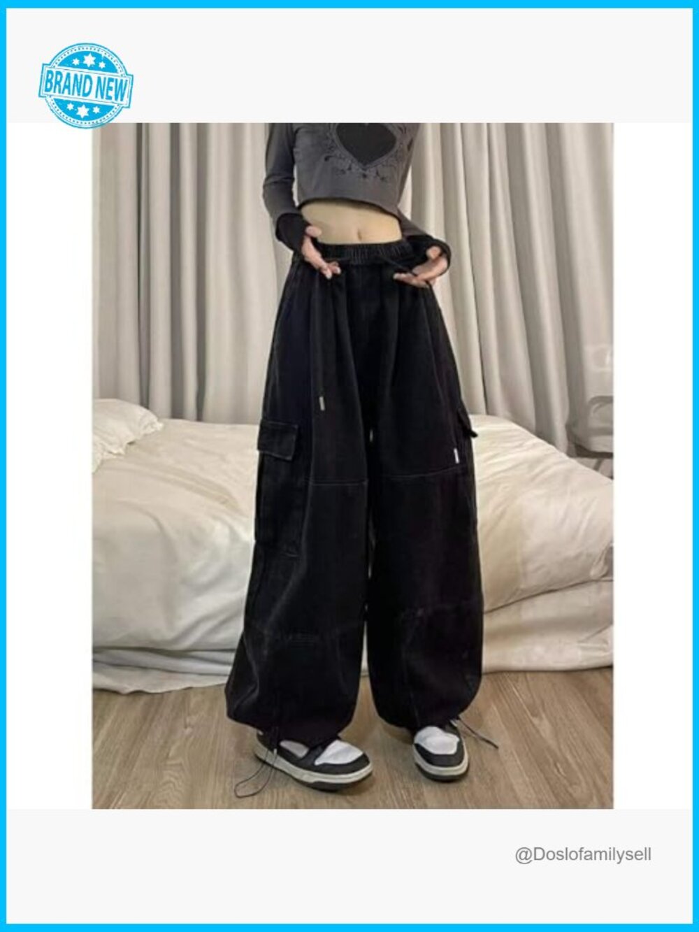 Baggy Cargo Pants Wide Leg Sweatpants Y2k Drawstring High Waisted Trendy - Picture 4 of 5